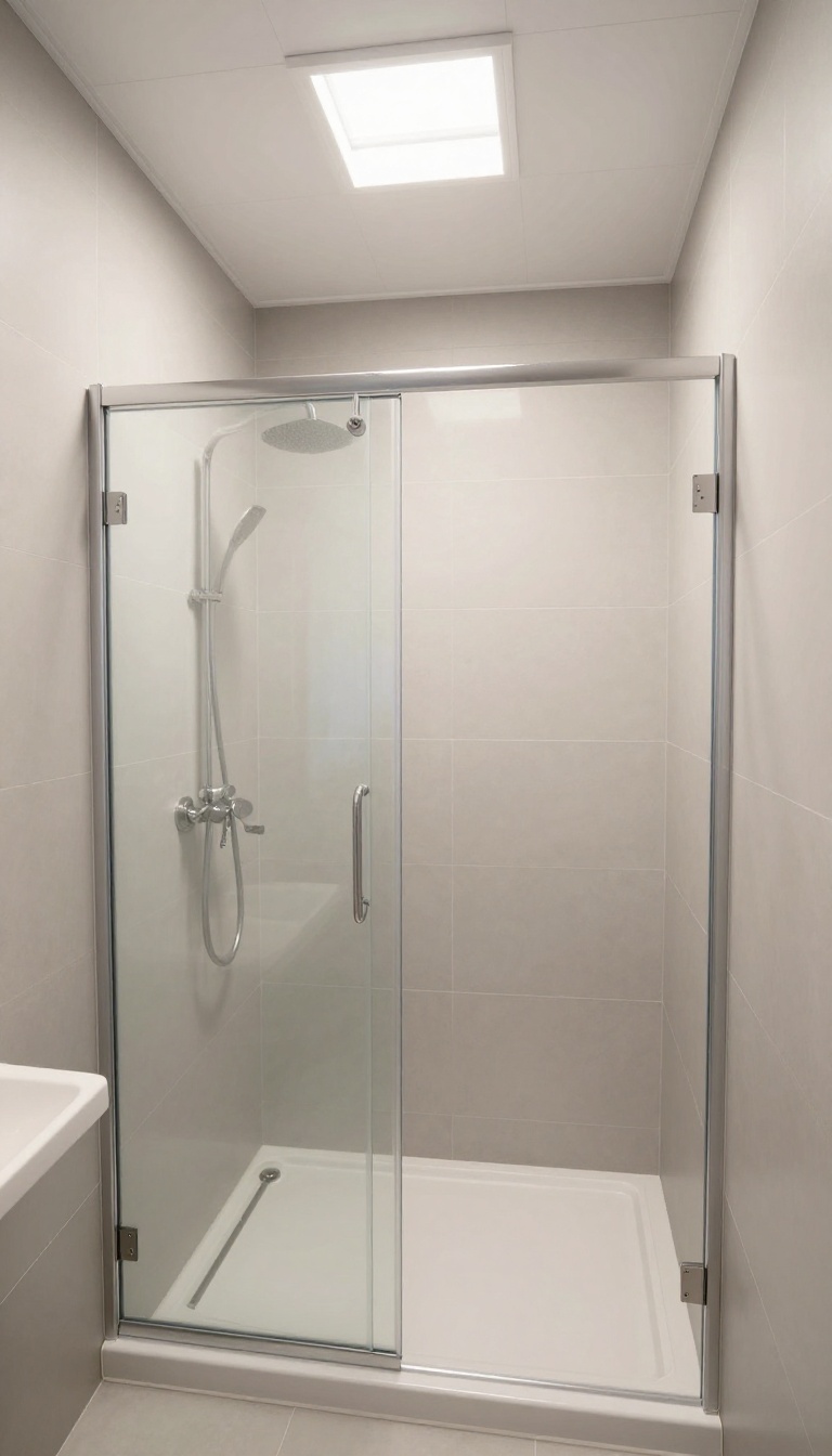 Bright basement shower with a light-colored ceiling that reflects light and makes the space feel more open.