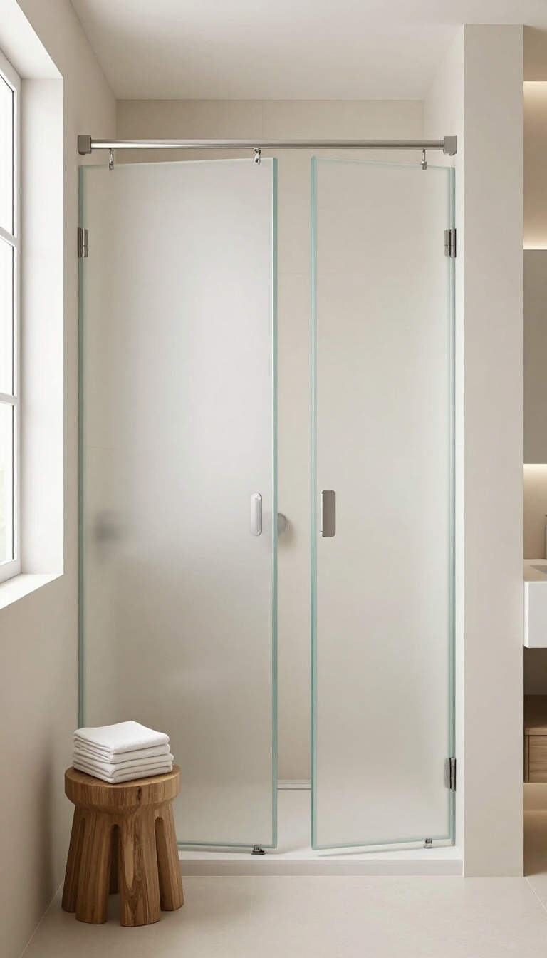 Modern bathroom with an alcove shower and a folding acrylic screen, folded back to open up the space