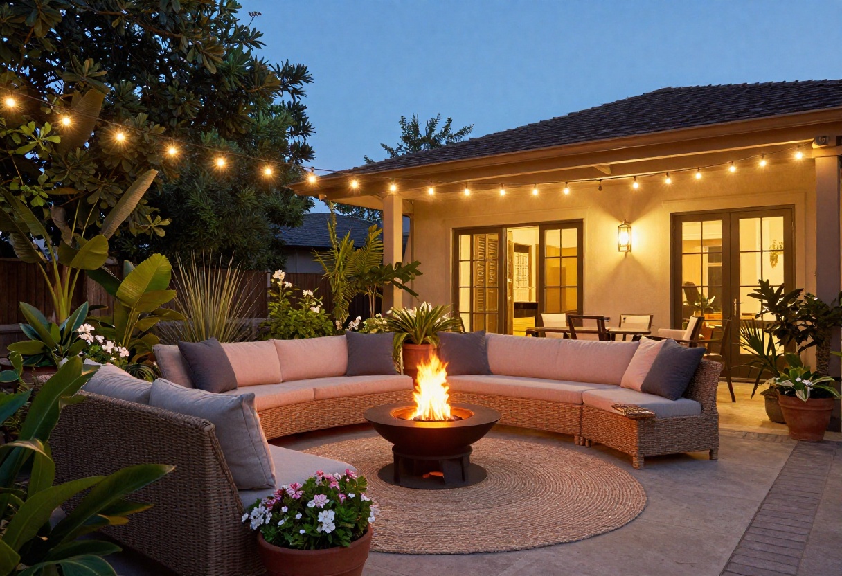 Cozy back patio with string lights, fire pit, and comfortable seating at dusk