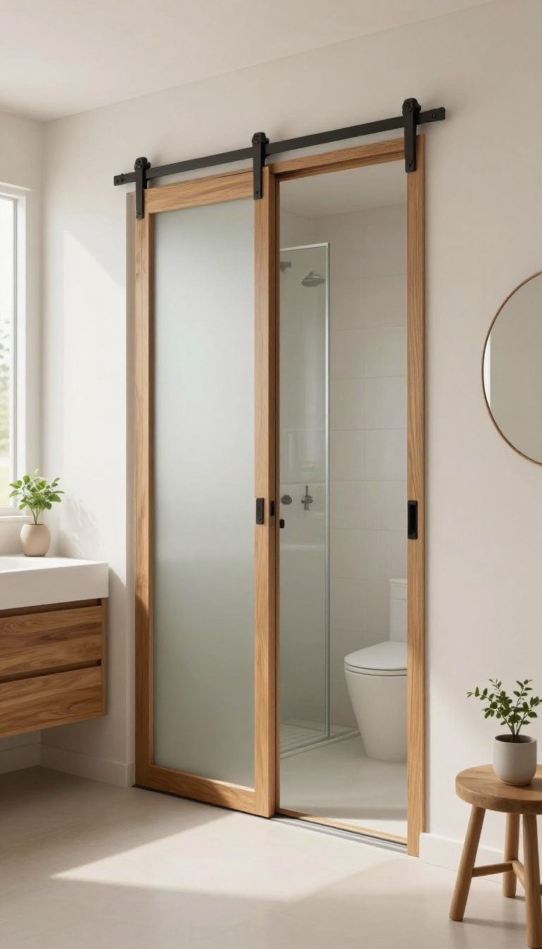 Small bathroom with a sliding barn-style door, showcasing a space-saving design