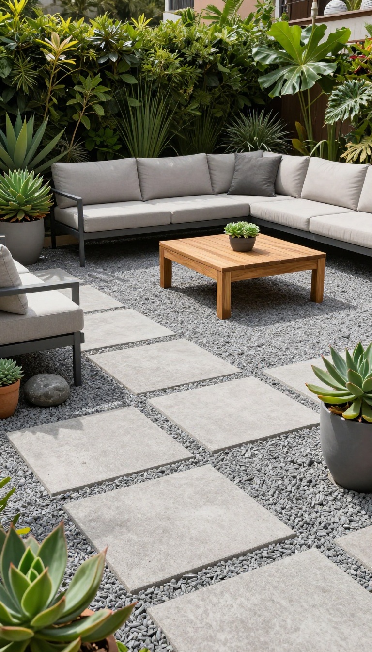 Gravel patio with concrete pavers in a grid pattern, featuring outdoor seating and greenery.