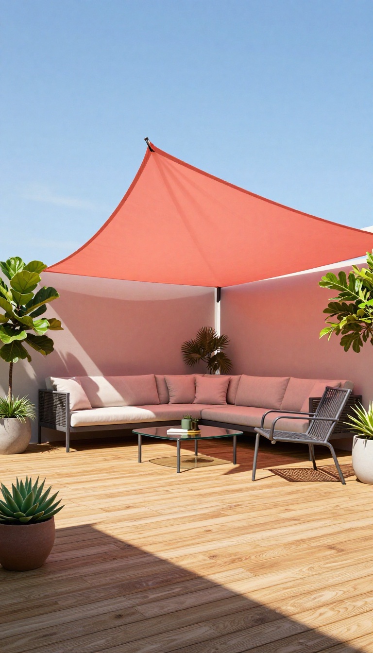 Modern patio with a coral triangular shade sail angled overhead, casting shadows on a wooden deck with outdoor furniture and plants.