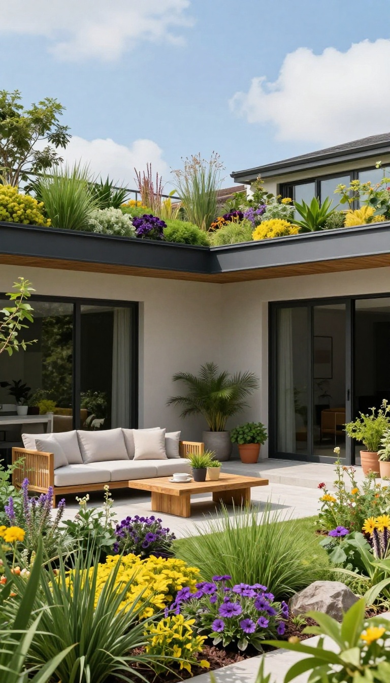 Patio with a living green roof attached to the house, showcasing a lush layer of plants and comfortable outdoor seating.