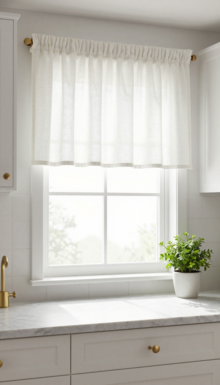 Box pleat valance in a bright kitchen with white cabinets and marble countertop