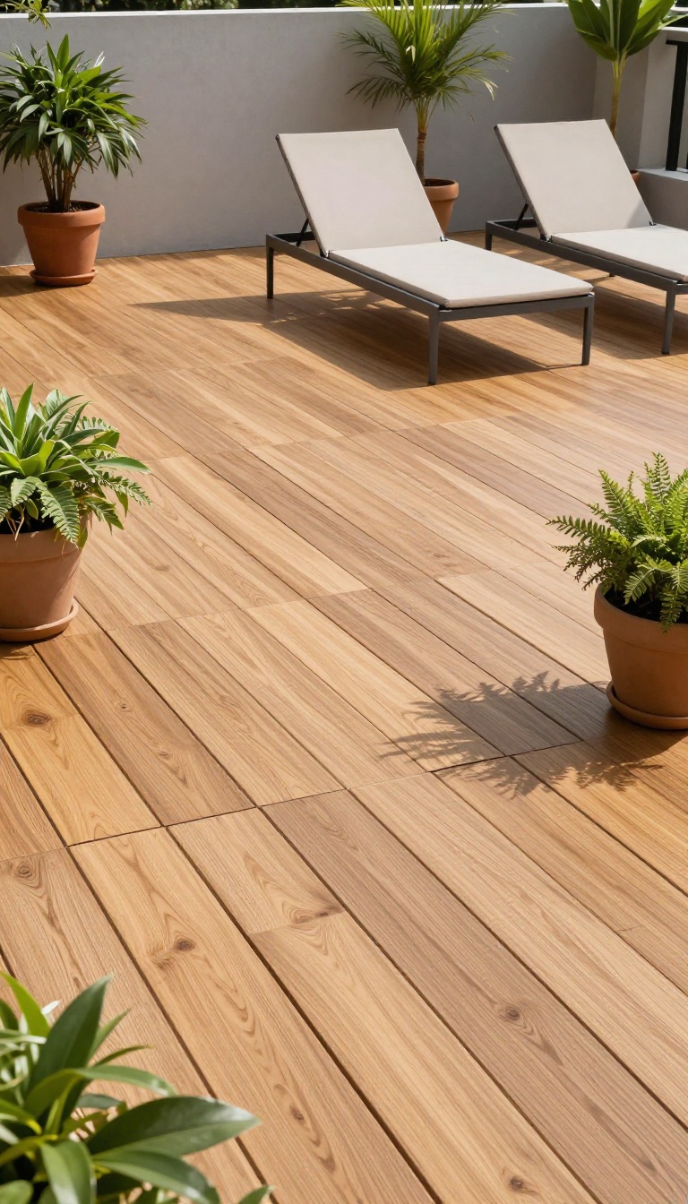 A concrete patio covered with composite decking tiles, featuring a lounge chair and potted plants.