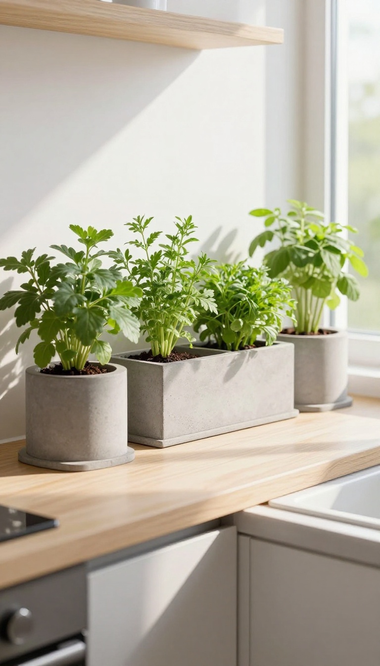 Concrete planters and decor on a sunny kitchen windowsill