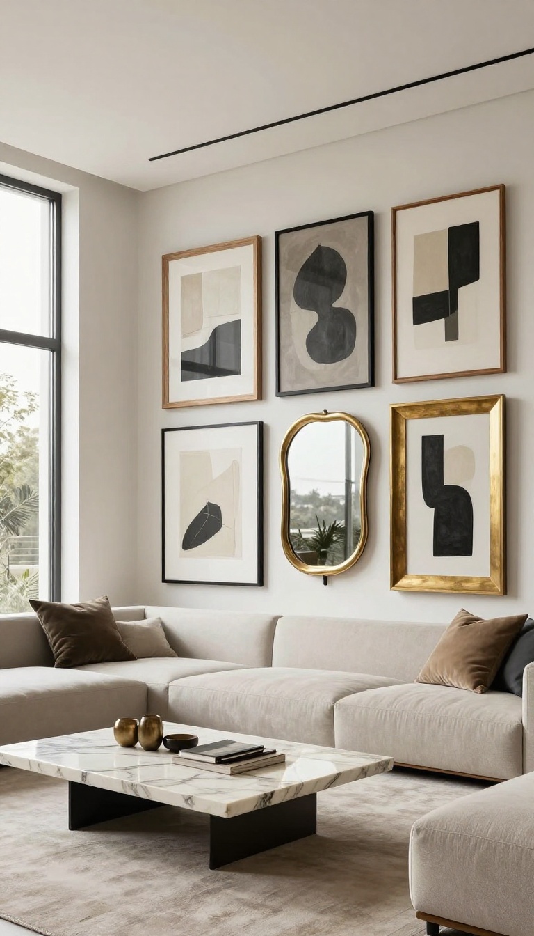Modern luxury living room with a curated gallery wall featuring mixed frames in black, wood, and brass, with abstract art in muted tones.