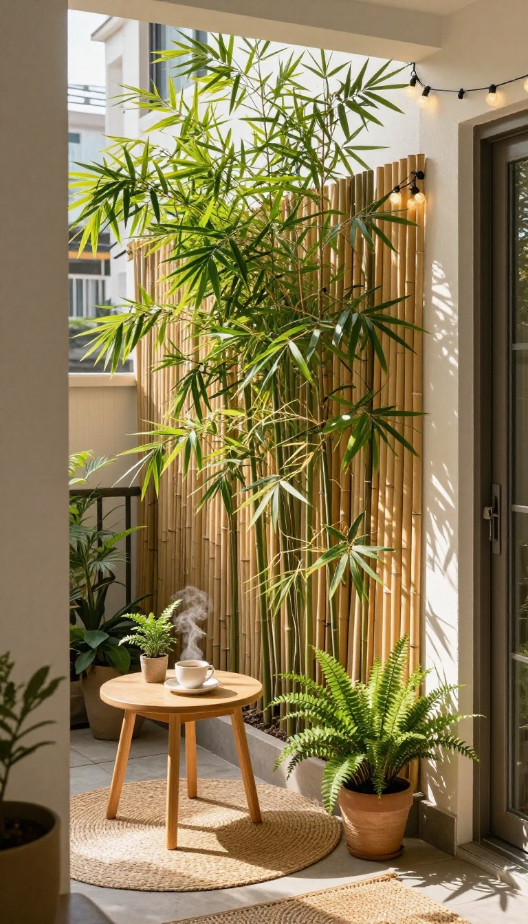 Apartment patio with bamboo privacy screen and cozy seating area
