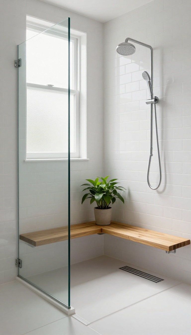 Compact standup shower with a built-in teak corner bench and handheld showerhead