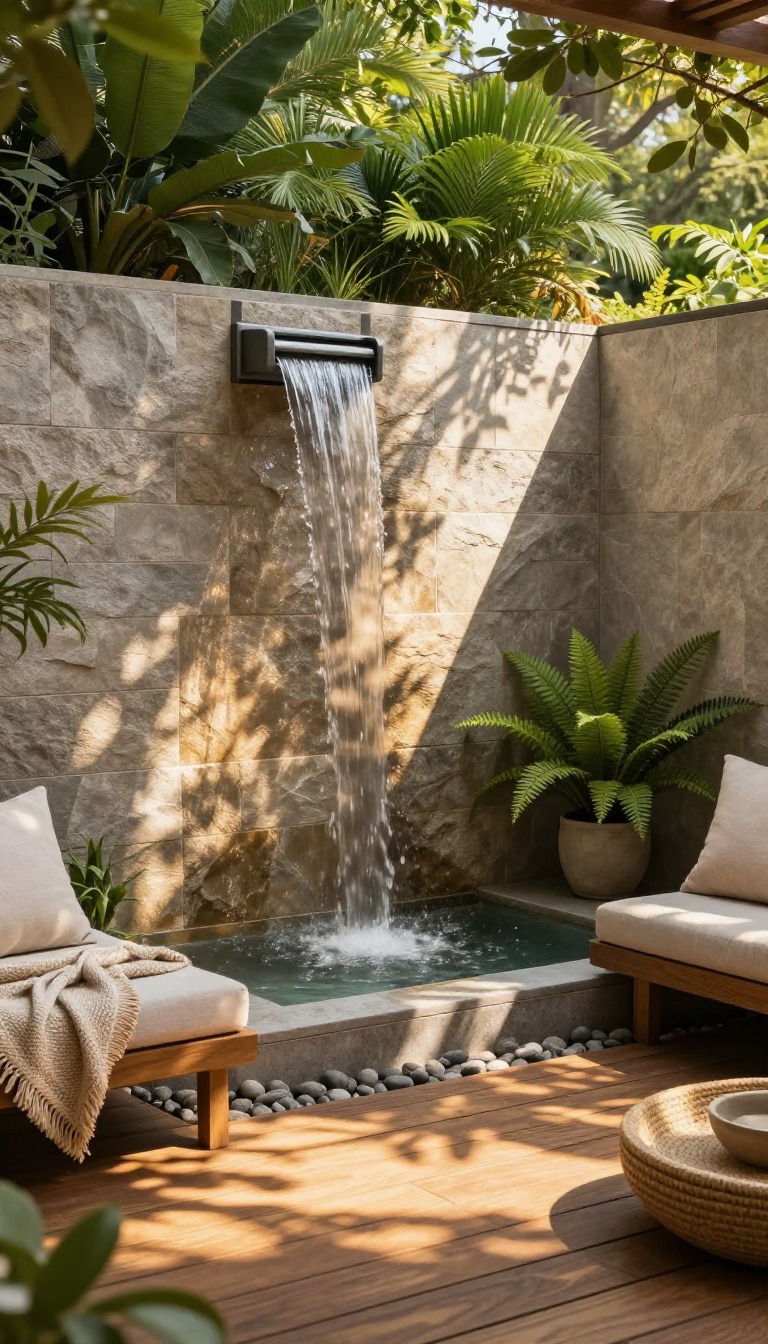 Modern wall-mounted waterfall on a patio with plants and cozy seating, creating a calm retreat.
