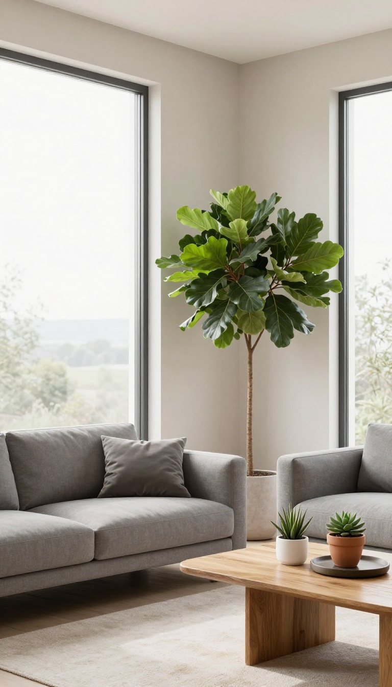 Modern living room with a tall plant by the sofa and small succulents on the coffee table, bright natural light, minimalist decor