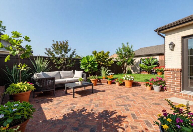 Brick patio with herringbone pattern and outdoor furniture in a sunny backyard