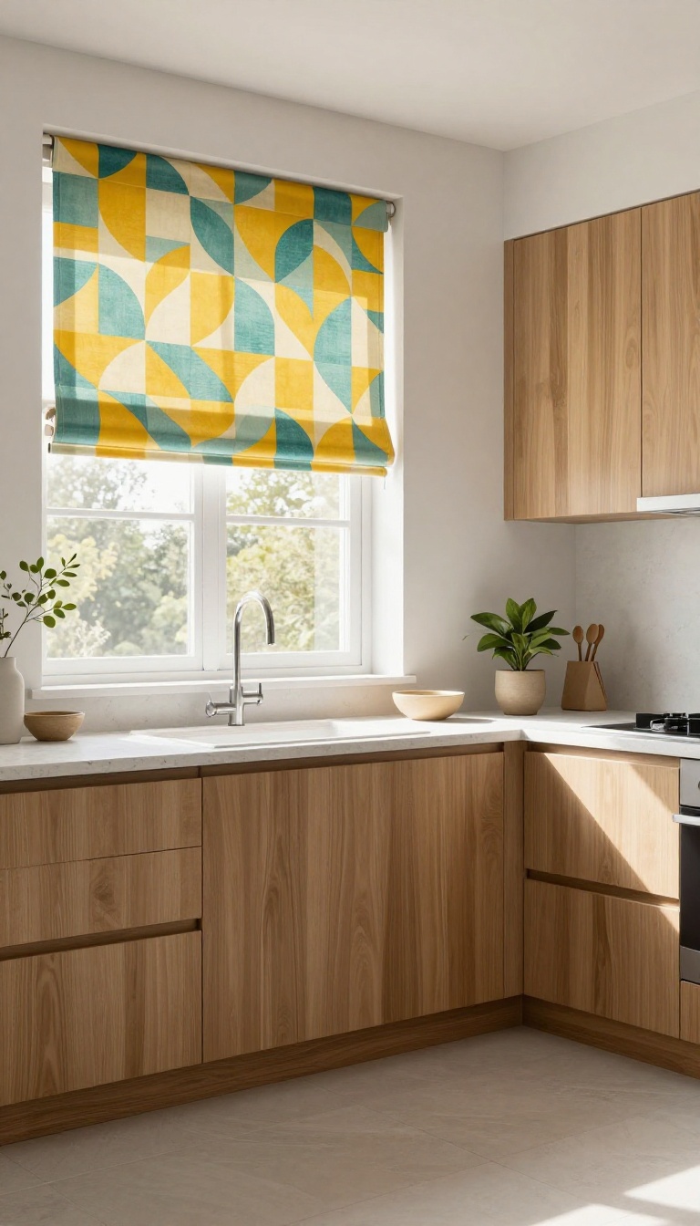 Kitchen with patterned roller shades in mustard and teal, partially rolled up above a sink, bright natural light, clean and airy decor.