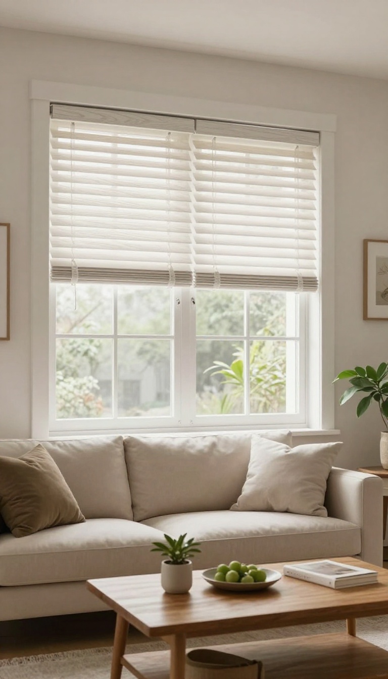 Faux wood blinds in a bright living room, showcasing durability and style