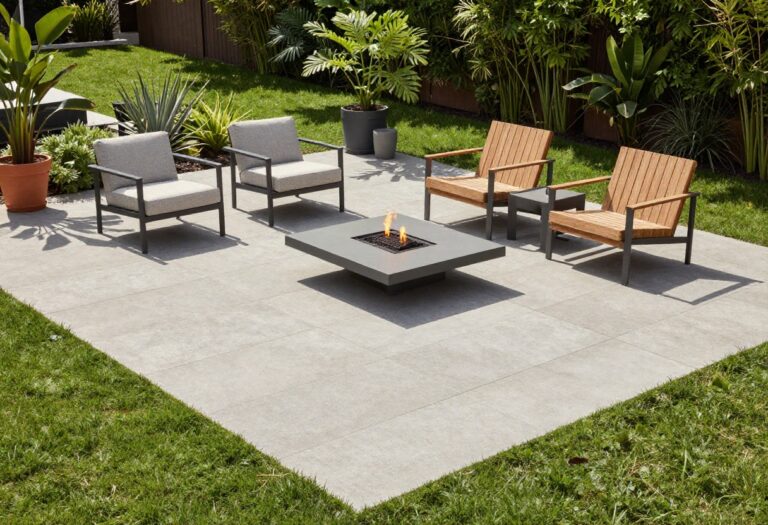 Modern paver patio with herringbone pattern and outdoor furniture