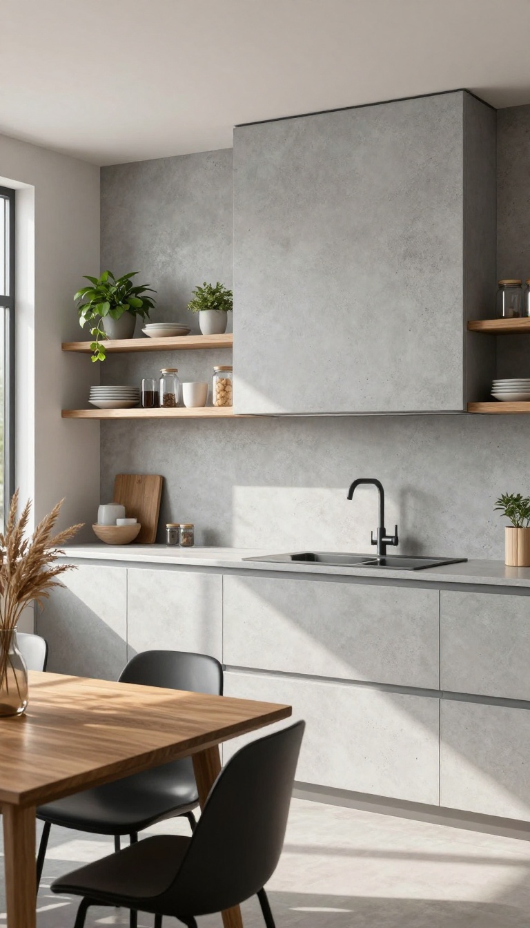 Modern kitchen with a polished concrete accent wall, open wooden shelves, and a cozy dining area