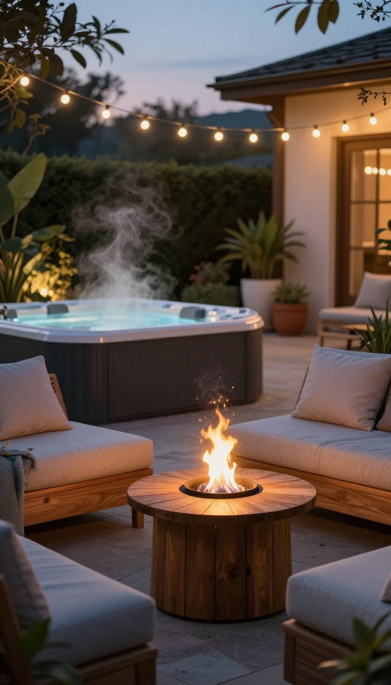 A cozy patio with a small tabletop fire bowl next to a hot tub, surrounded by string lights and plants at dusk
