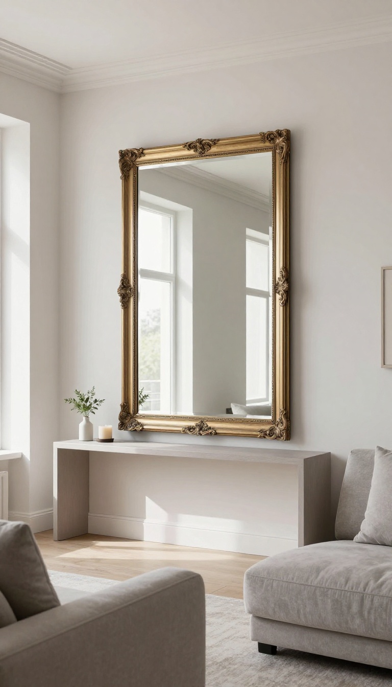 Living room with a large mirror above a sofa, creating a focal point and reflecting light