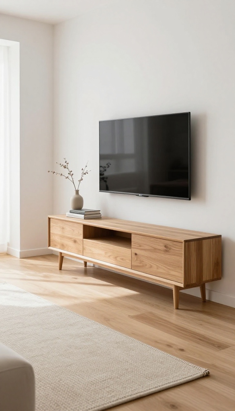 Minimalist living room with low-profile console and wall-mounted TV, clean and airy design