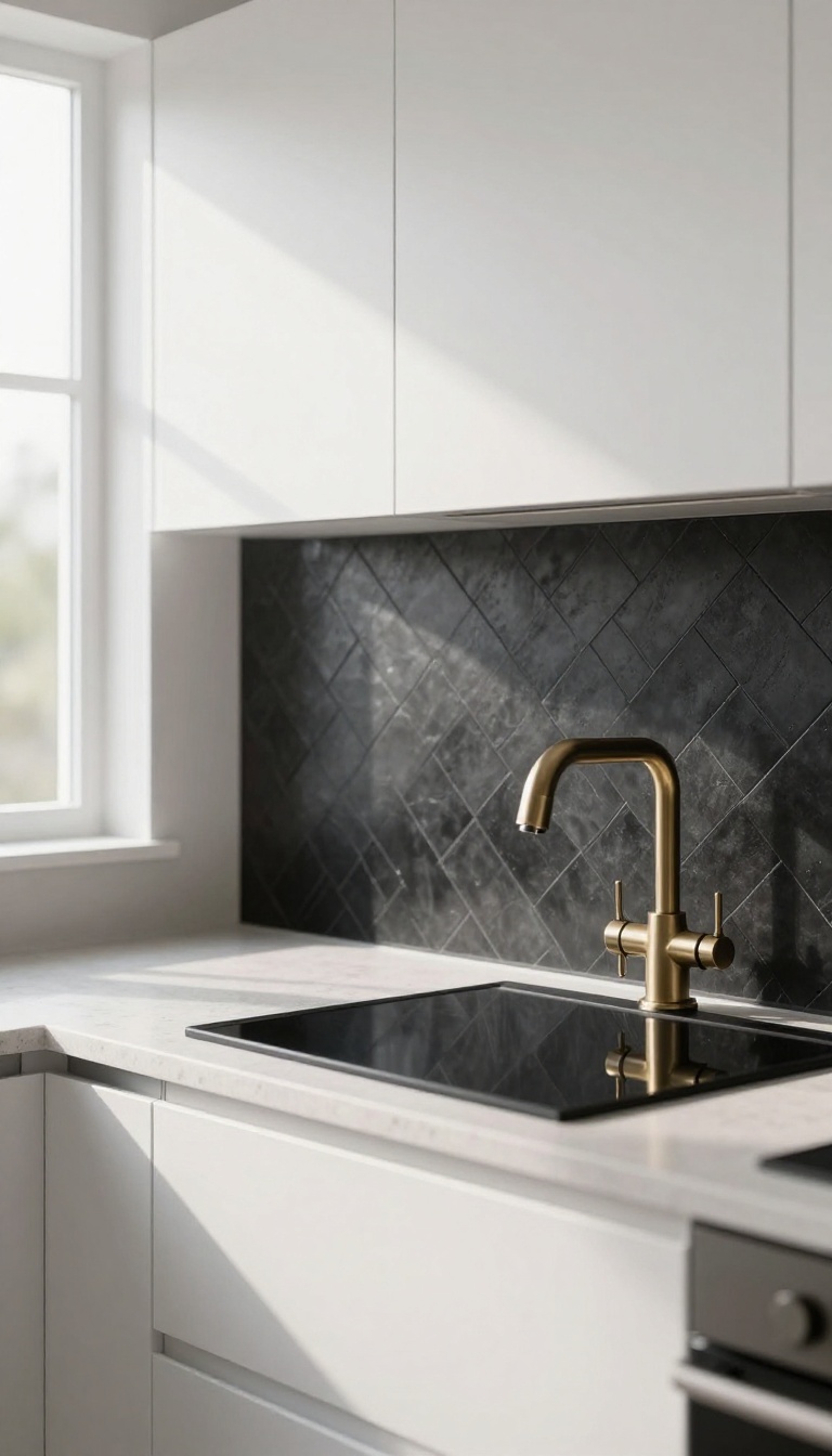 Matte black herringbone tiles as a modern kitchen backsplash with white cabinets and brass fixtures