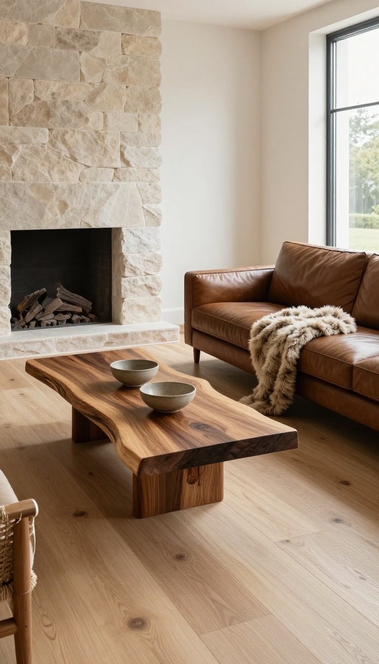 Cozy luxury living room with natural materials like wood, stone, and wool, featuring a live-edge coffee table and stone fireplace.