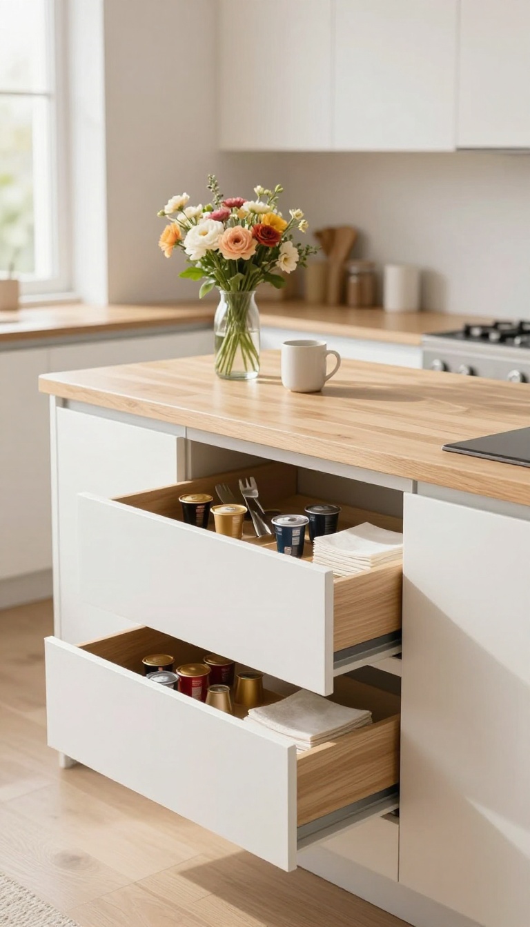 Modern kitchen breakfast bar with hidden storage drawers, clean and bright, styled with minimal decor