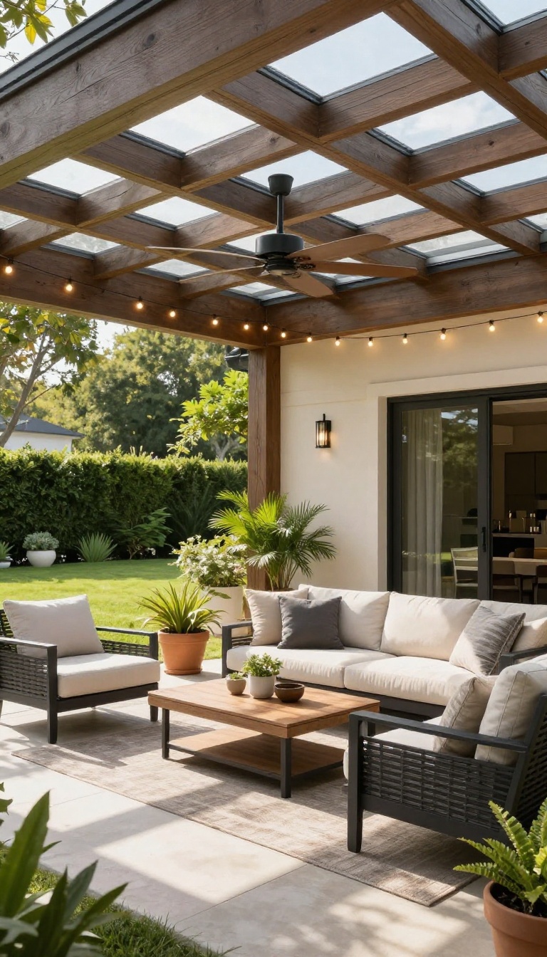 Covered patio extension with skylights, ceiling fan, and cozy outdoor furniture in natural light