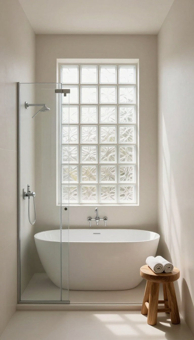 Bright basement bathroom shower with glass block window letting in diffused natural light
