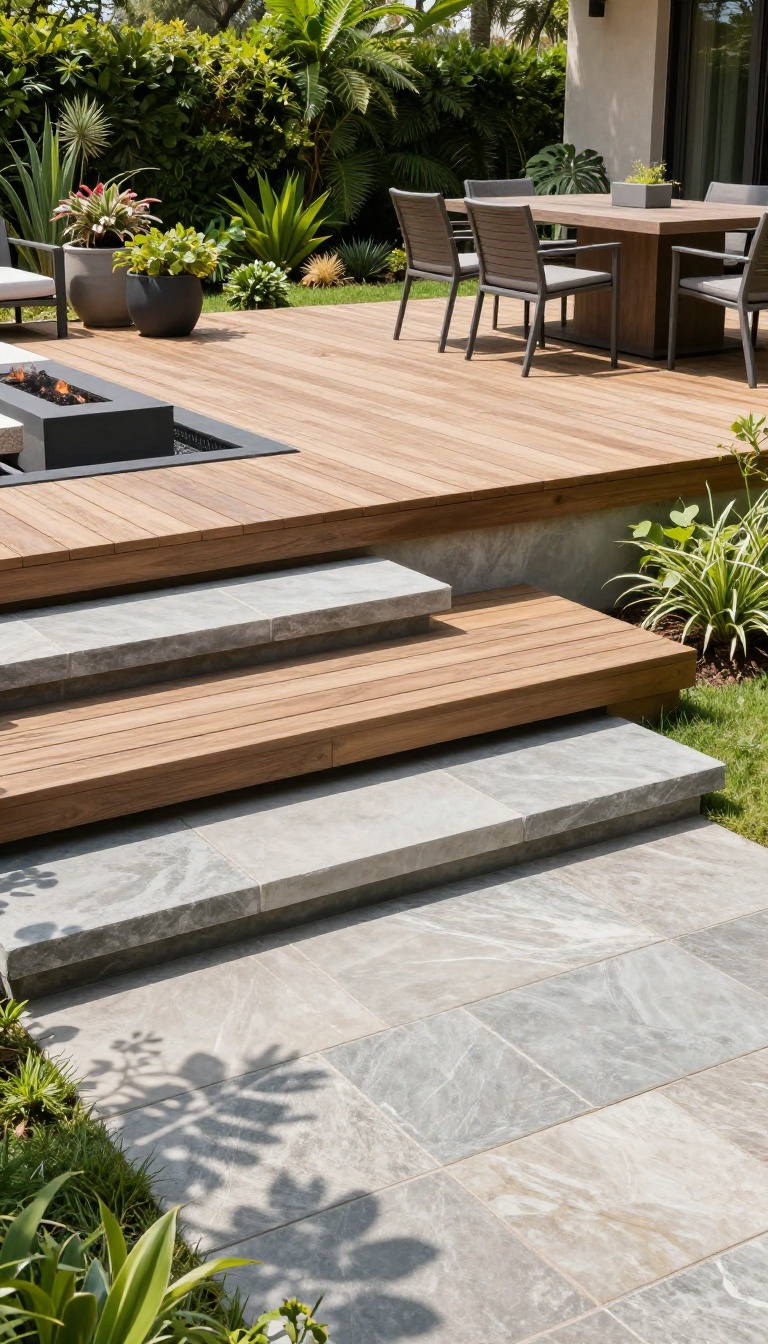Multi-level deck with sunken patio featuring stone steps, dining area on deck, and cozy fire pit lounge on lower patio.