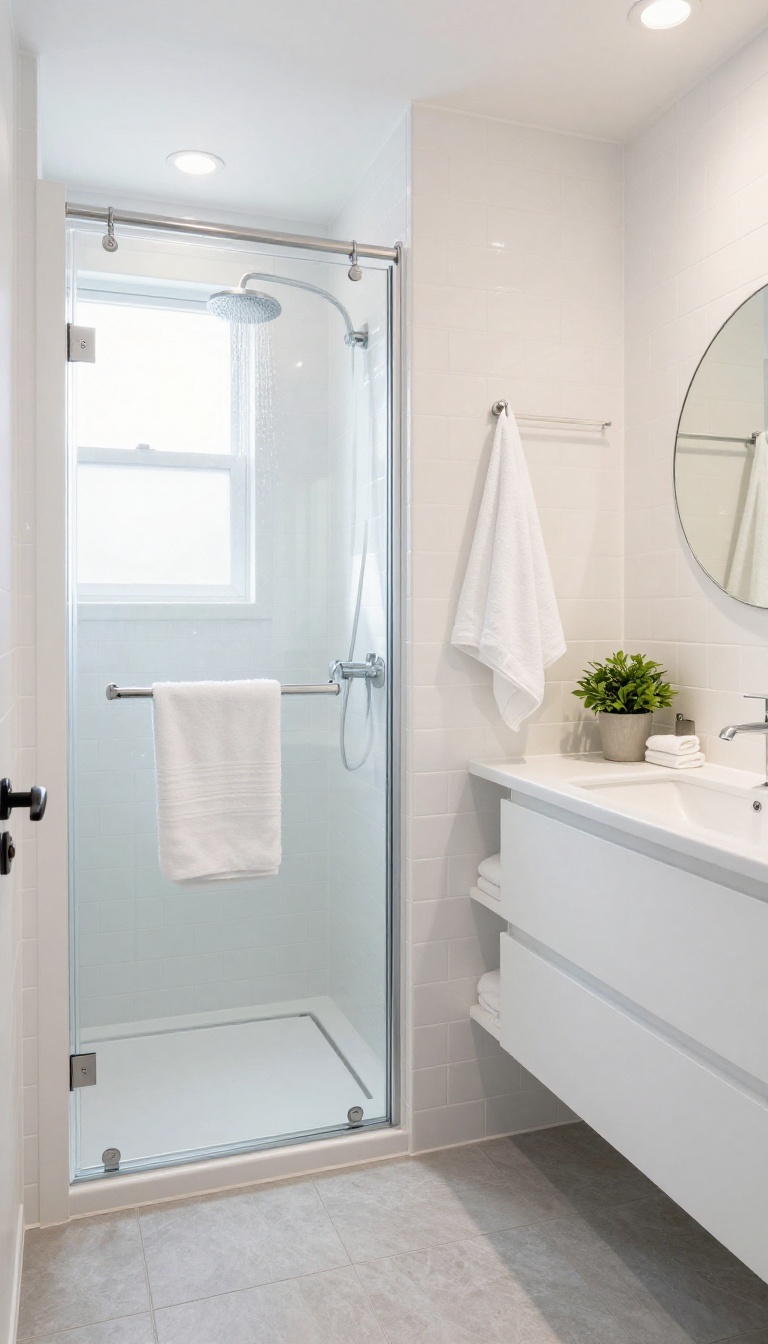 Small bathroom with glass shower near the door, towel hook, and compact vanity in bright natural light.