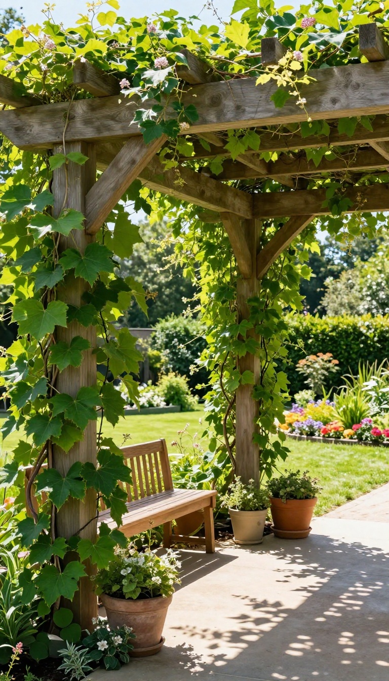 A wooden pergola covered in climbing plants and vines, creating a natural shaded canopy over a cozy patio seating area.