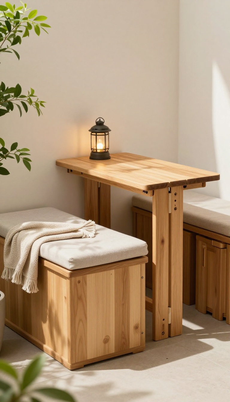 Small patio with multi-functional furniture including a storage bench, folding table, and nesting stools