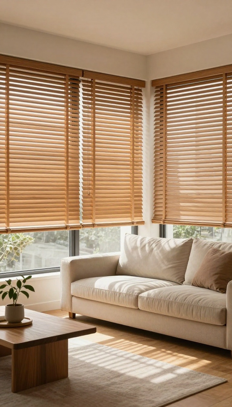 Living room with classic wood blinds letting in soft natural light, warm and inviting atmosphere