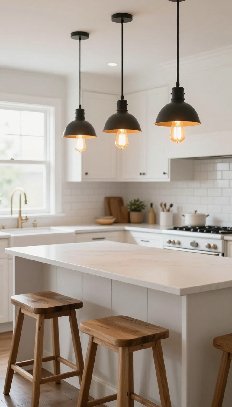 Modern farmhouse kitchen with industrial pendant lighting and Edison bulbs over an island