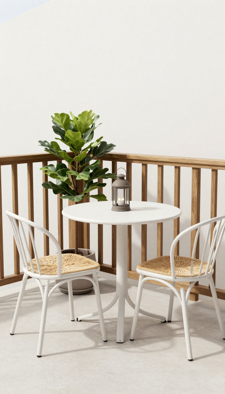 Compact bistro set on a small townhouse patio with potted plant and lantern