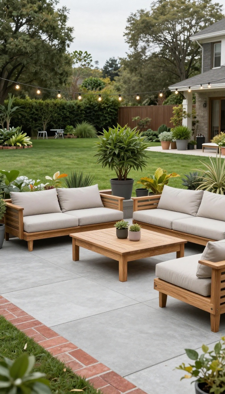 Patio with concrete pavers and brick border, outdoor seating area, bright natural light