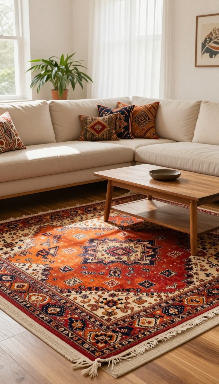 Layered rugs in an Indian living room with a neutral base and a vibrant patterned dhurrie on top, adding depth and color.