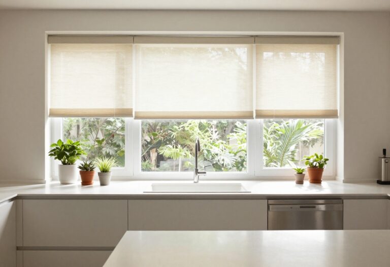 Modern kitchen with faux wood blinds above the sink, letting in natural light