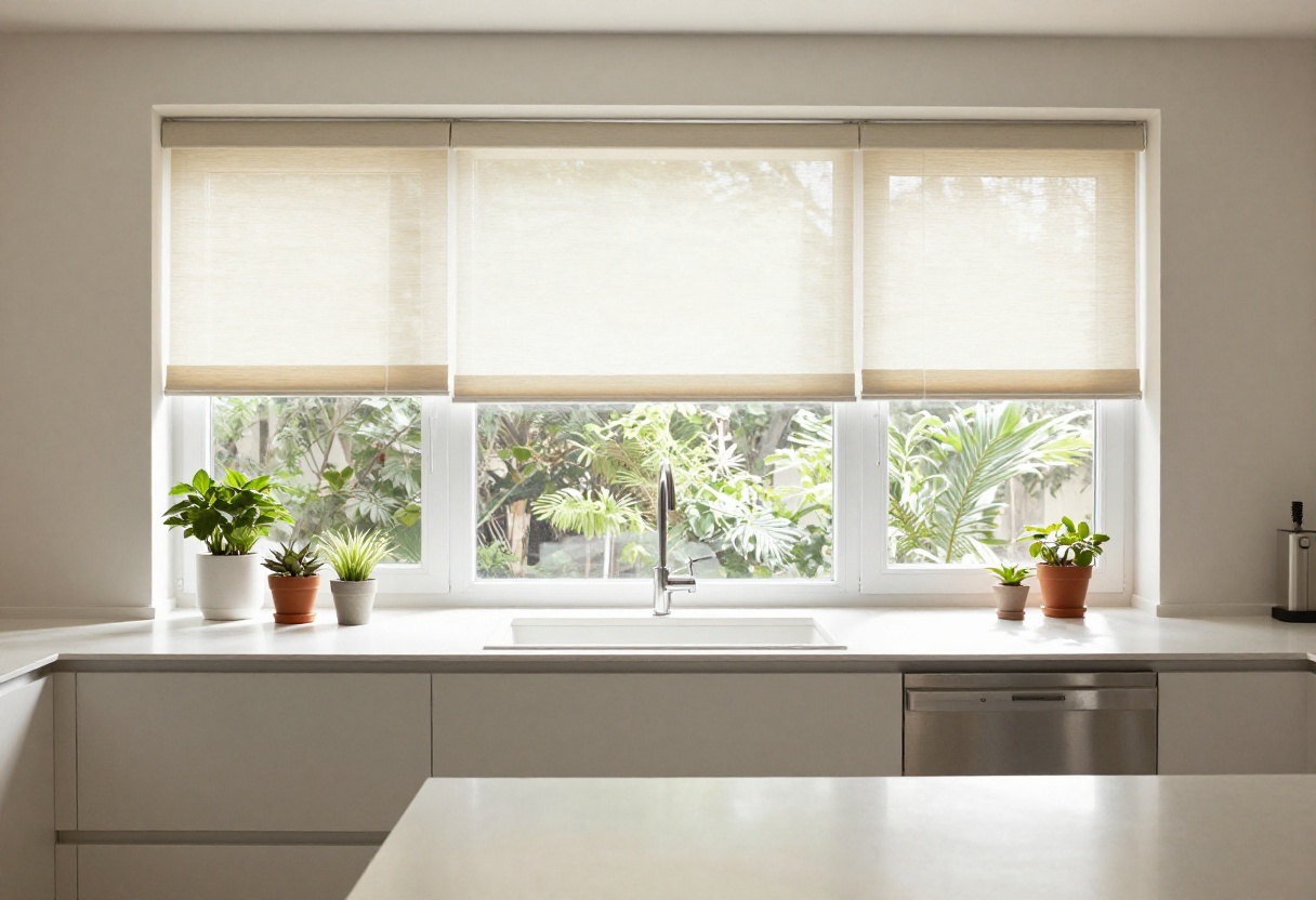 Modern kitchen with faux wood blinds above the sink, letting in natural light