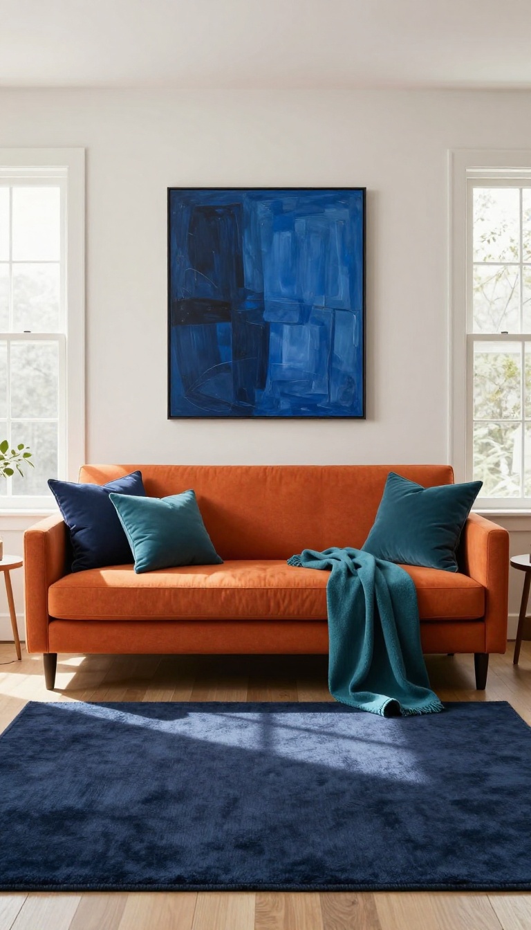 Orange couch styled with navy and teal pillows, a navy rug, and blue artwork in a bright living room