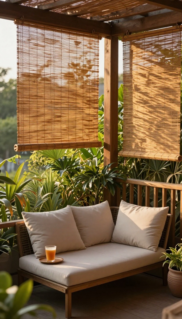 Cozy patio with bamboo privacy screen and lounge chair at sunset