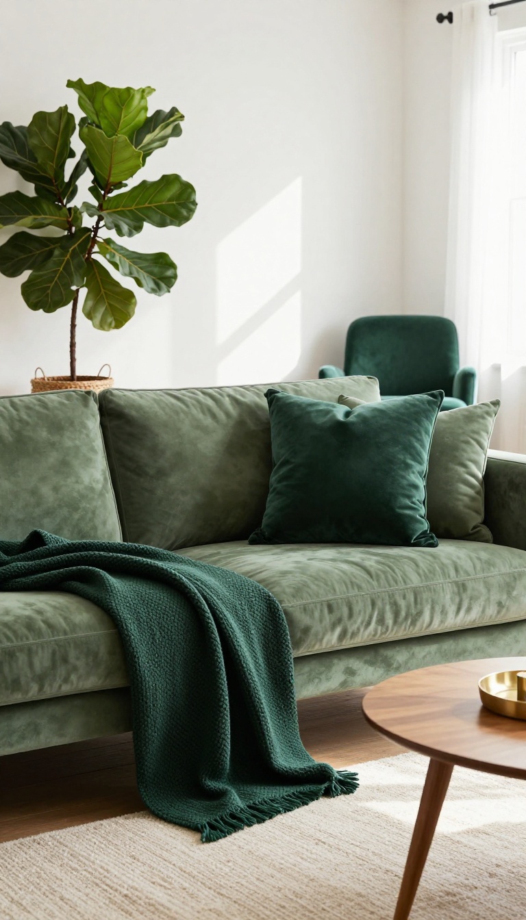 Tan couch styled with olive and dark green pillows and a green accent chair, surrounded by neutral tones and natural light.
