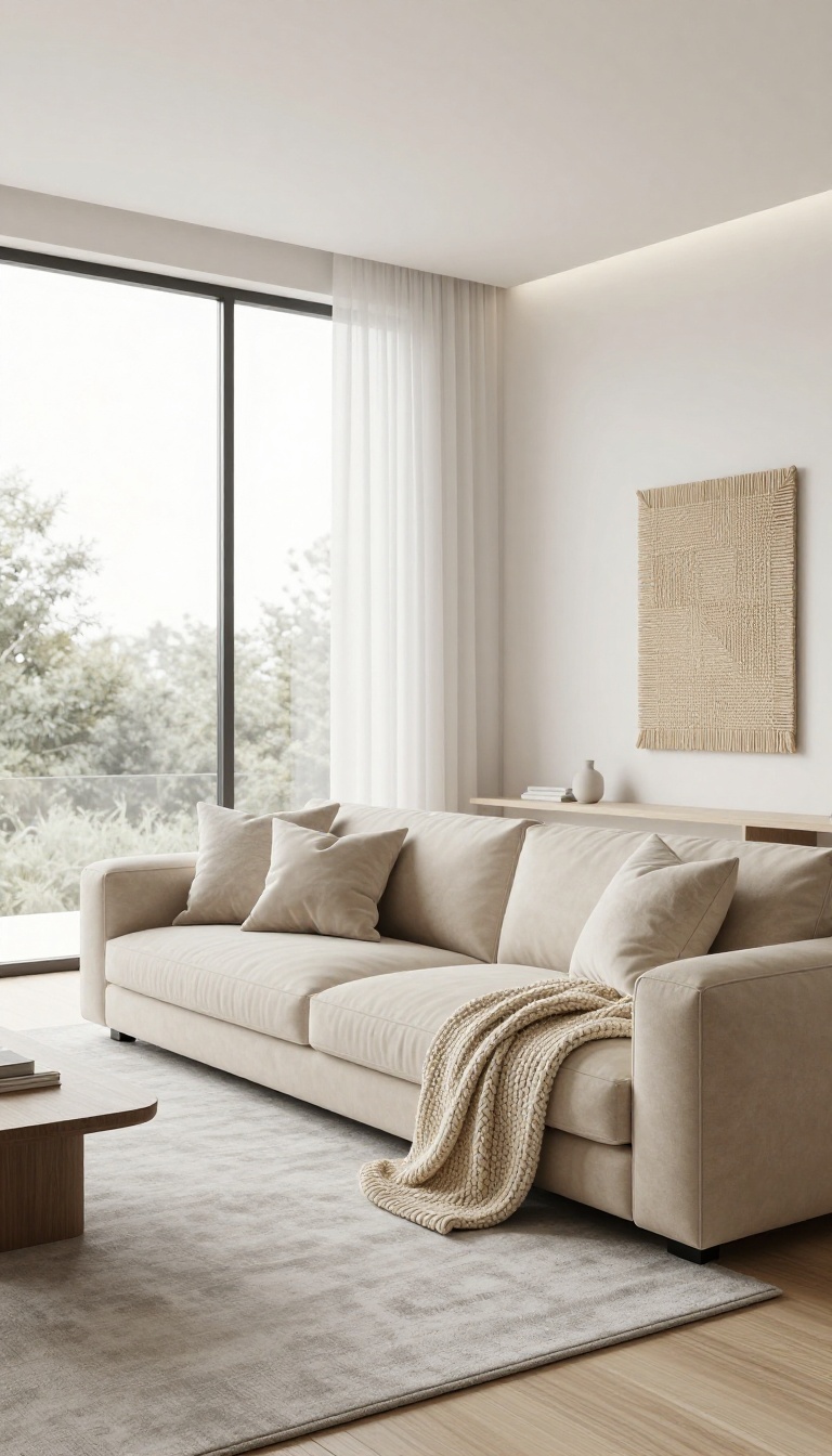 Modern neutral living room with beige sofa, light wood floor, and textured decor in bright natural light