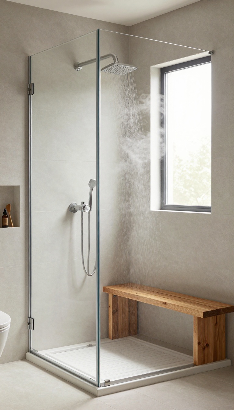 A steam shower feature in a modern walk-in shower with a glass enclosure, teak bench, and soft natural light.