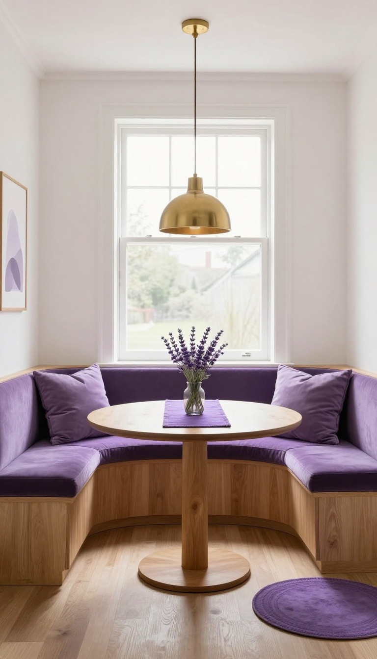 Cozy kitchen dining nook with lilac velvet bench, purple accents, and bright natural light