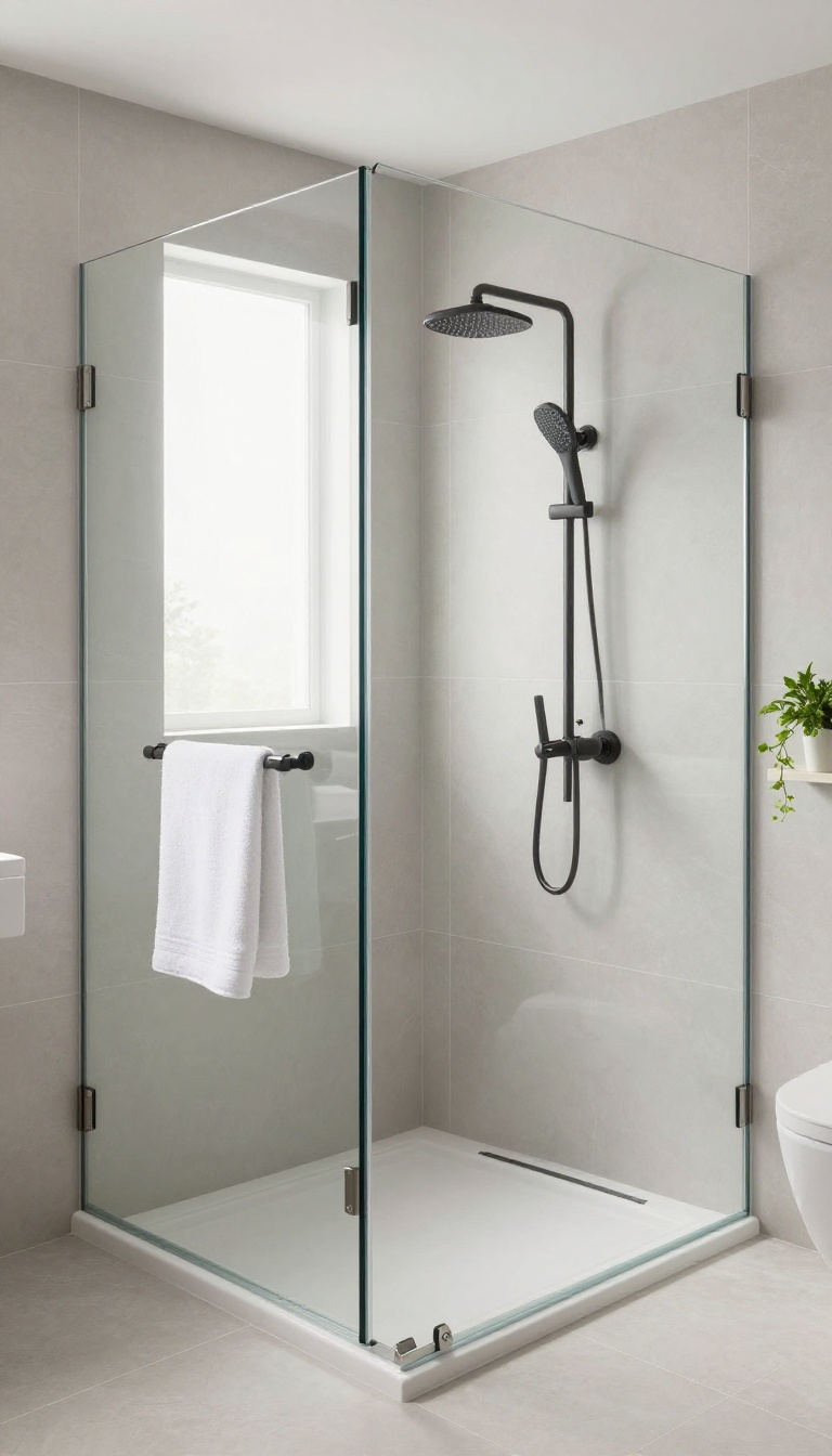 Compact bathroom with frameless glass shower enclosure and seamless tile, bright natural light