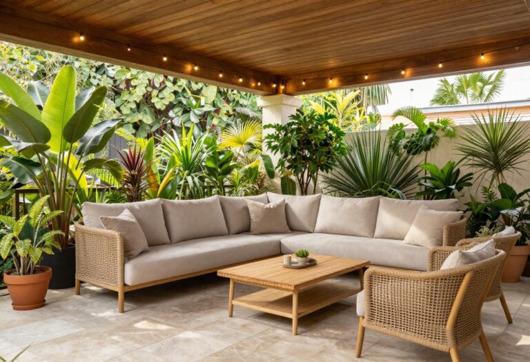 Stylish covered patio with wooden ceiling, string lights, and comfortable seating