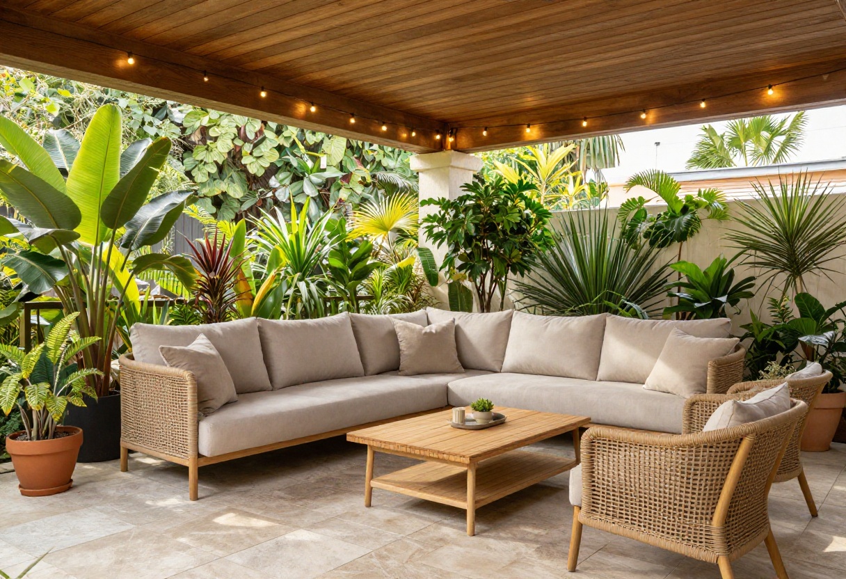 Stylish covered patio with wooden ceiling, string lights, and comfortable seating
