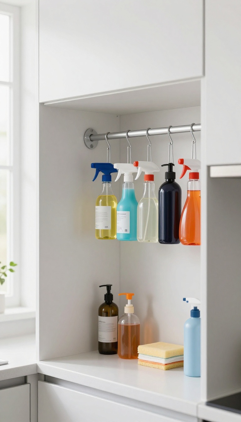 Under-sink cabinet with a tension rod holding spray bottles neatly organized