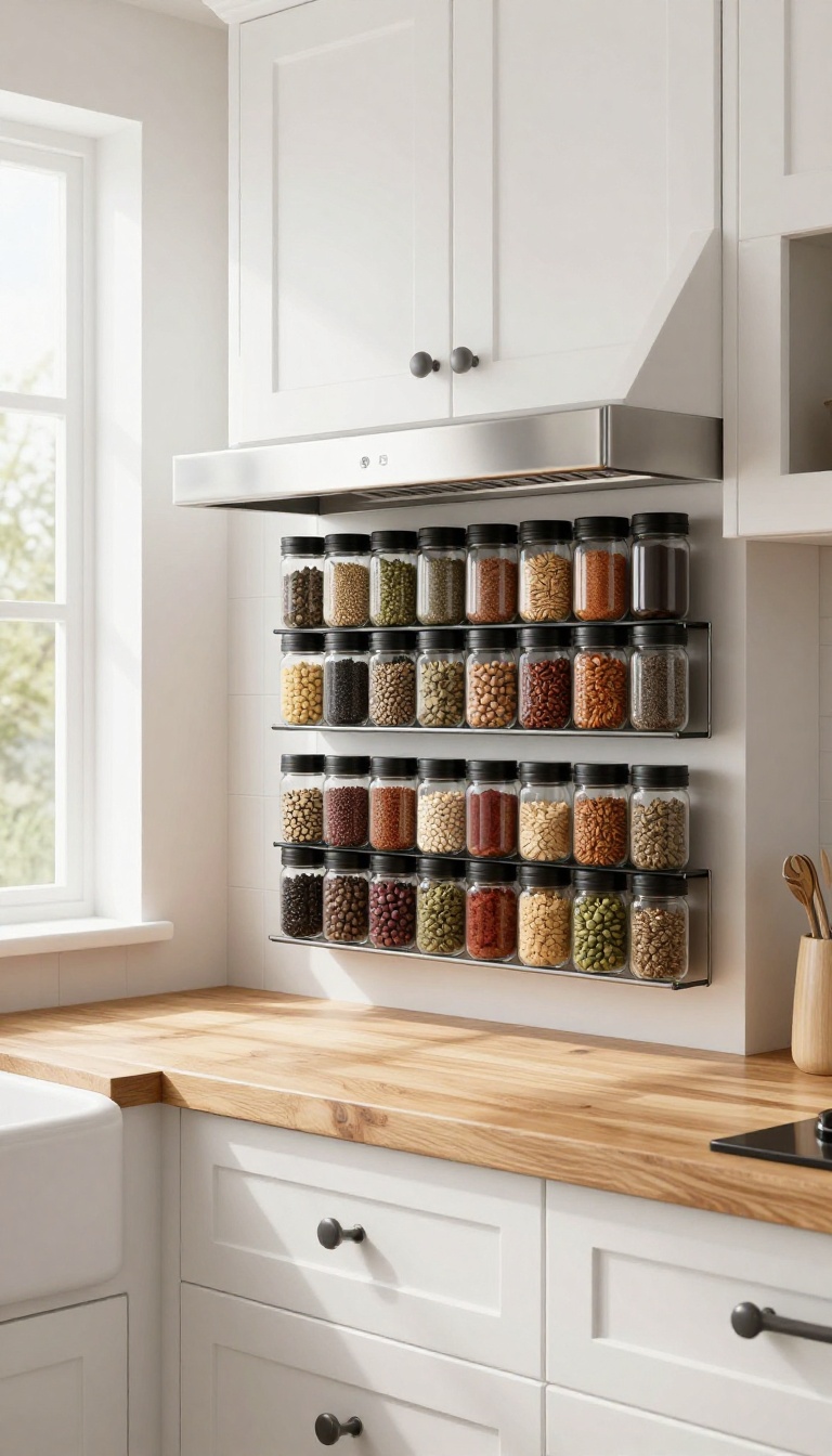 Magnetic spice rack mounted on the side of a stainless steel range hood in a modern farmhouse kitchen, with spices in clear jars neatly arranged on a magnetic strip.